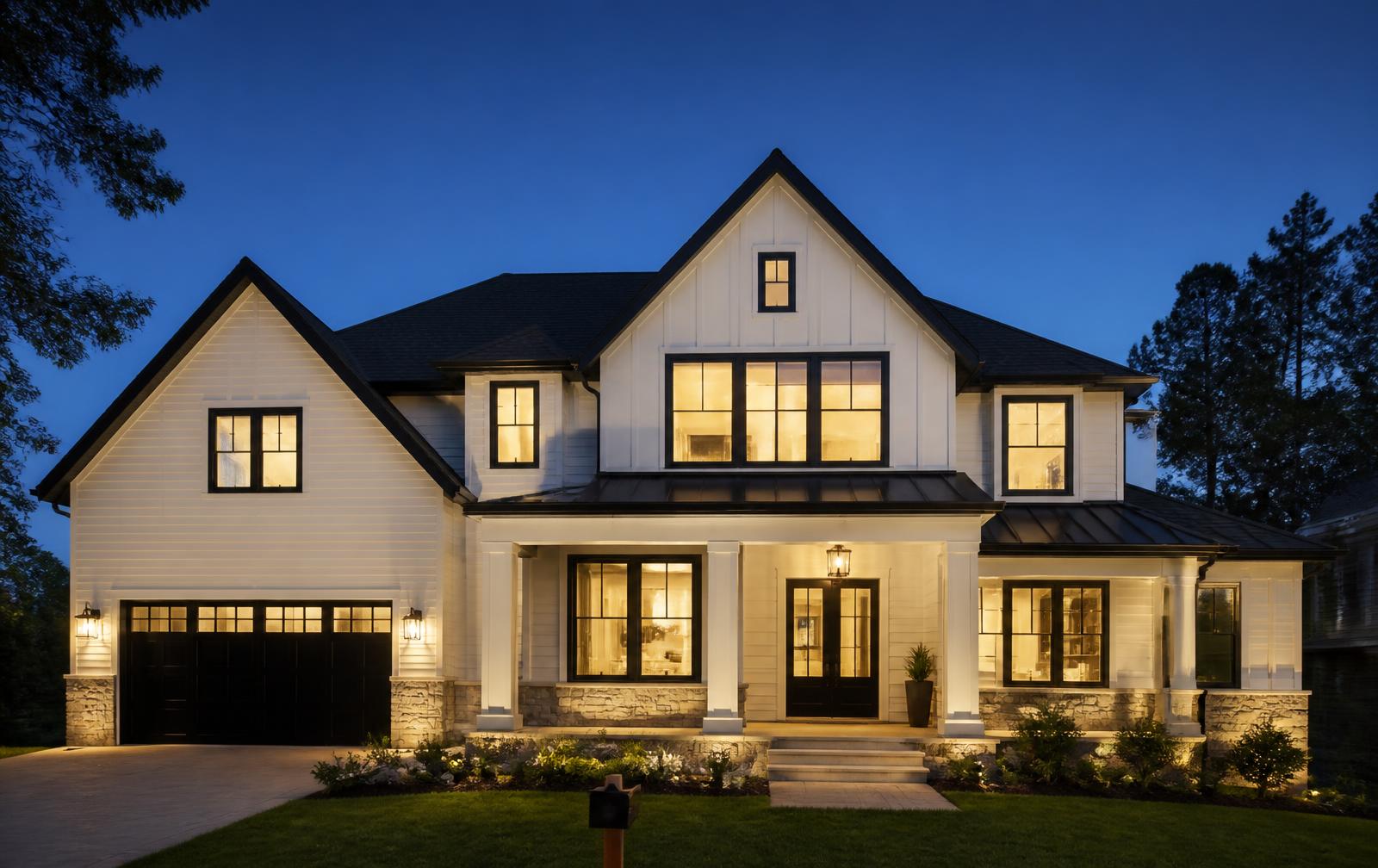 Newly remodeled home exterior at dusk with new windows and siding